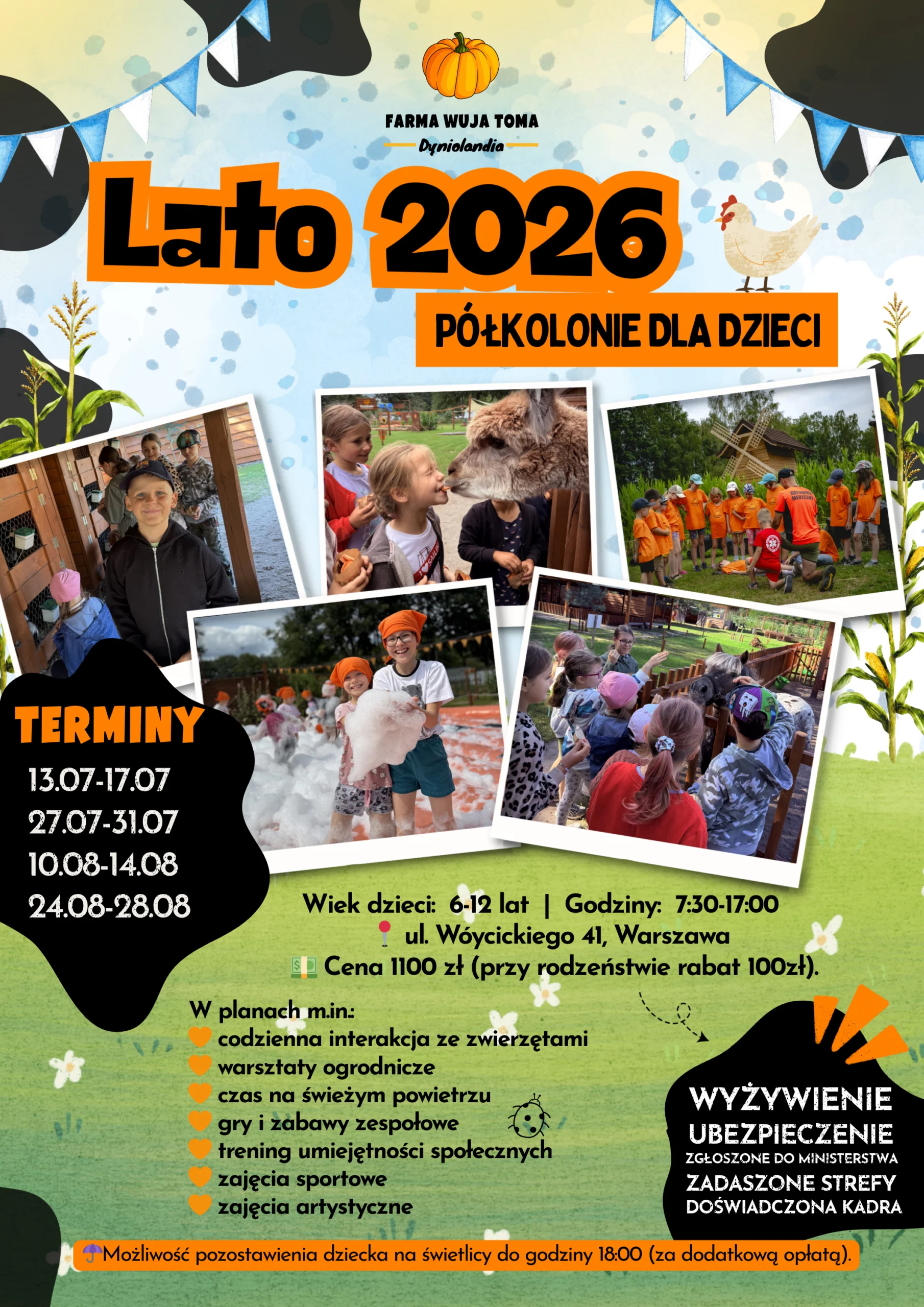 Promotional poster showing camp photos, schedule and contact details, cheerful illustrated design.